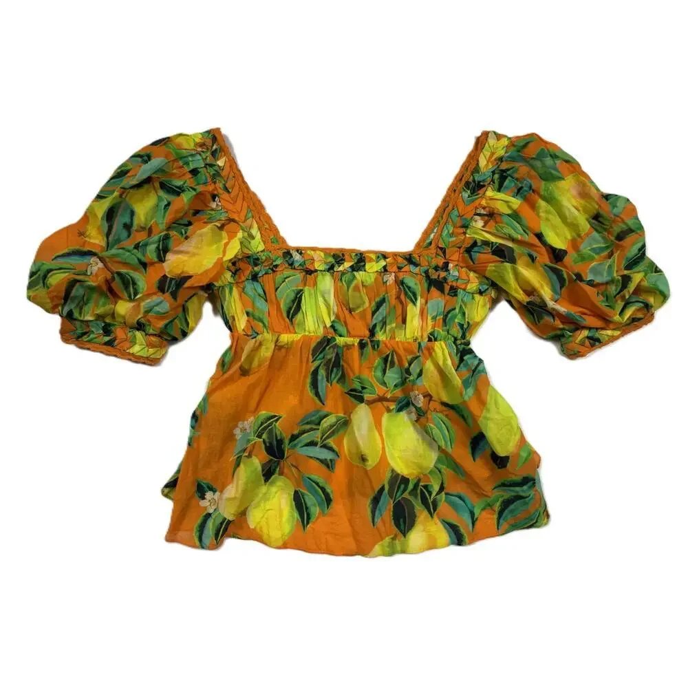 Anthropologie Farm Rio Orange Pears Short puff Sleeve Blouse square neck Sz XS